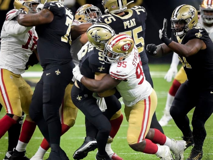 49ers DT Kentavius Street hits Saints QB Drew Brees during a 2020 game between New Orleans and San Francisco. Brees sustained a rib injury on the play. Credit: Nola.com